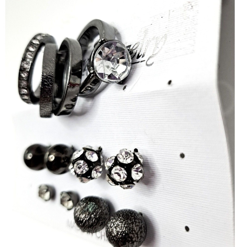 Rings Earrings Set Size 8‎ Gunmetal Rhinestone Studs Fashion Jewelry Gift New